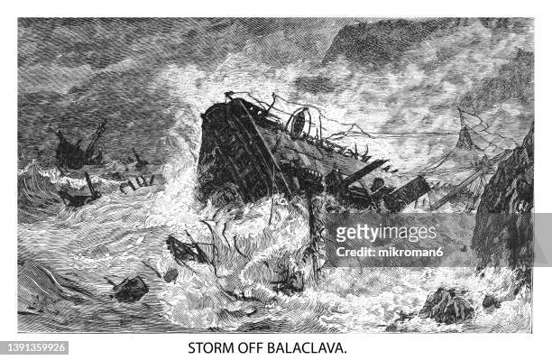 old engraved illustration of storm off balaclava - crimean war stock pictures, royalty-free photos & images