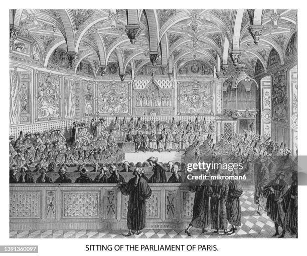 old engraved illustration of special session of the parliament of paris, celebrated as a result of the severe financial crisis - french parliament stock pictures, royalty-free photos & images