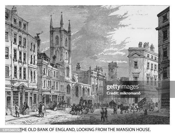 old illustration of the old bank of england, looking from the mansion house, london, england - mansion house london imagens e fotografias de stock