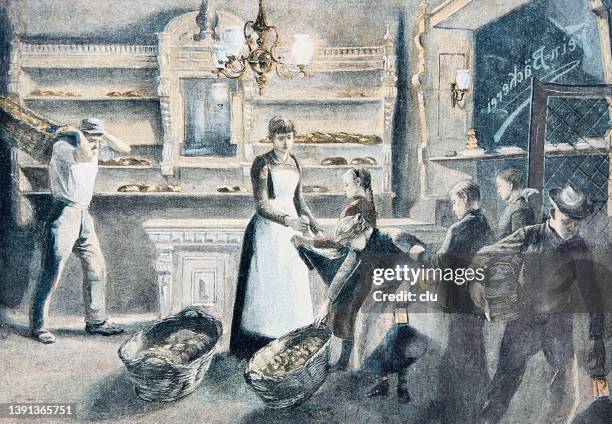 poor children at work: 5 a.m. in the bakery - poor family stock illustrations