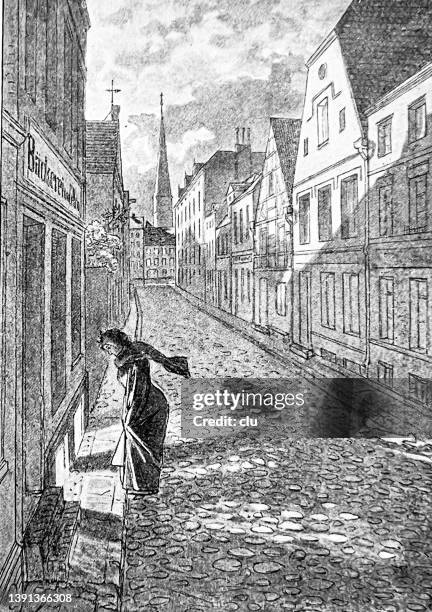 young woman looking into a bakery from outdoor, 5 a.m. - cobblestone stock illustrations