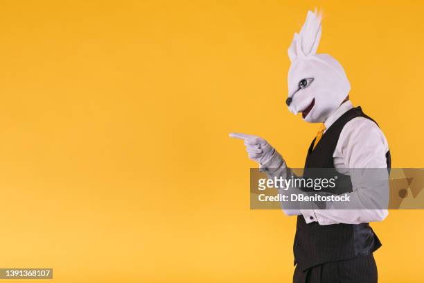 disguised person in rabbit mask with suit jacket, vest and tie pointing fingers, on yellow background. carnival, party, easter and celebration concept. - easter bunny mask stockfoto's en -beelden