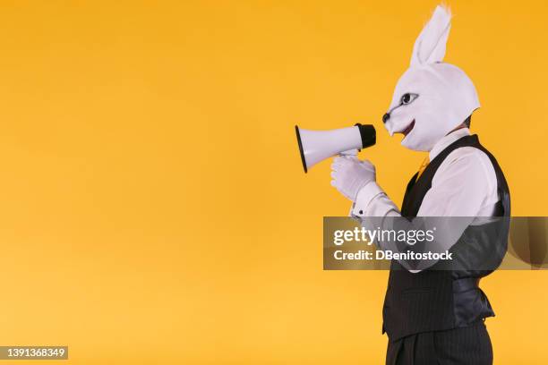 disguised person in rabbit mask with suit jacket, vest and tie, shouting through a megaphone, on yellow background. carnival, party, easter and celebration concept. - easter bunny suit stock pictures, royalty-free photos & images