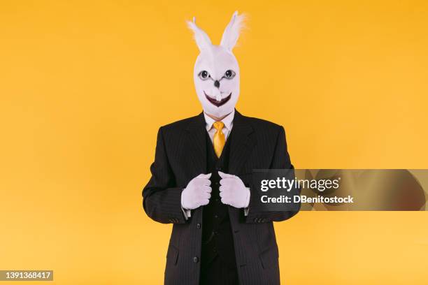 disguised person in rabbit mask with suit jacket, vest and tie, posing, on yellow background. carnival, party, easter and celebration concept. - easter bunny mask stockfoto's en -beelden