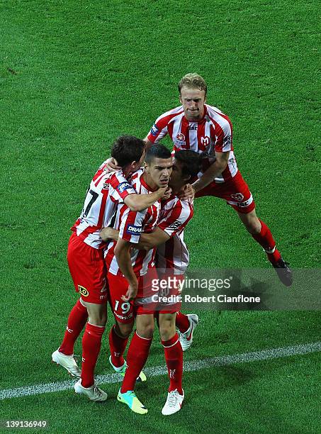 Eli Babalj of the Heart celebrates his goal during the round 20 A-League match between the Melbourne Heart and Gold Coast United at AAMI Park on...