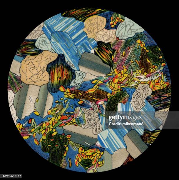 old chromolithograph illustration of microscopic view of rock and minerals - rocky ground drawing stock pictures, royalty-free photos & images