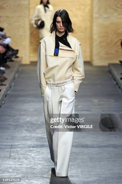 Model walks the runway at the Proenza Schouler Fall 2012 fashion show during Mercedes-Benz Fashion Week on February 15, 2012 in New York City.