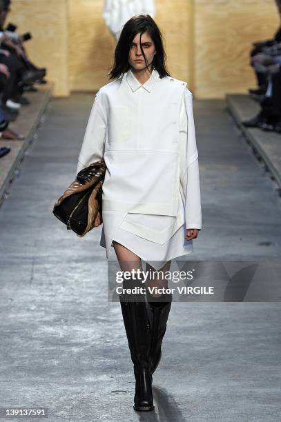 Model walks the runway at the Proenza Schouler Fall 2012 fashion show during Mercedes-Benz Fashion Week on February 15, 2012 in New York City.