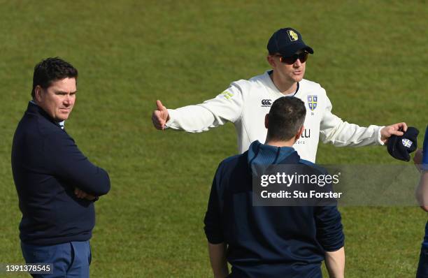 Durham Director of Cricket Marcus North looks on as captain Scott Borthwick makes a point to bowling coach Alan Walker prior to Day One of the LV=...