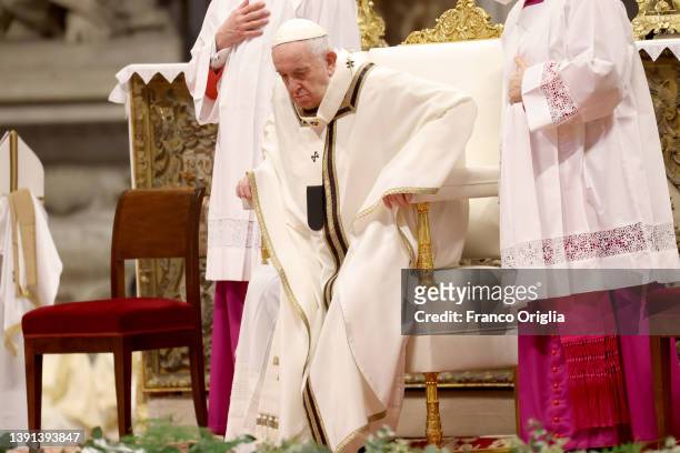 Pope Francis attends the Chrism Mass at St. Peter's Basilica on April 14, 2022 in Vatican City, Vatican. The Chrism Mass is the traditional liturgy,...