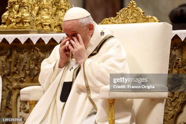 Pope Francis attends the Chrism Mass at St. Peter's Basilica on April 14, 2022 in Vatican City, Vatican. The Chrism Mass is the traditional liturgy,...