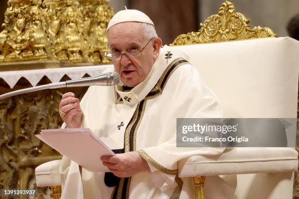 Pope Francis holds his homily during the Chrism Mass at St. Peter's Basilica on April 14, 2022 in Vatican City, Vatican. The Chrism Mass is the...