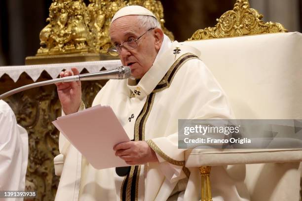 Pope Francis holds his homily during the Chrism Mass at St. Peter's Basilica on April 14, 2022 in Vatican City, Vatican. The Chrism Mass is the...