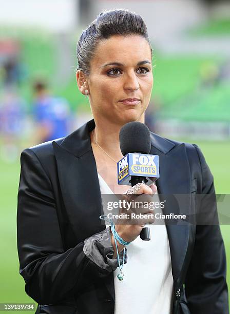 Matildas goalkeeper Melissa Barbieri reports from the sideline prior to the round 20 A-League match between the Melbourne Heart and Gold Coast United...