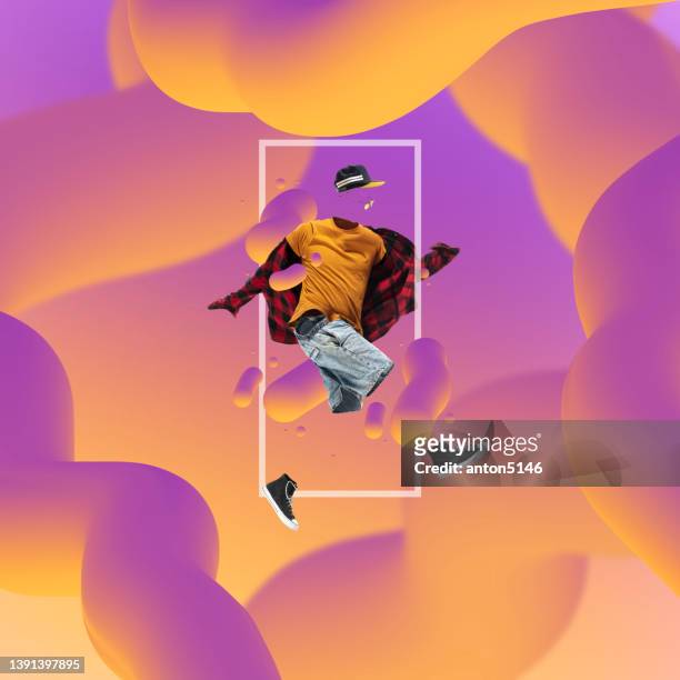 contemporary art collage. stylish silhouette of man, male casual fashion isolated over multicolored abstract background. swag style - male model casual imagens e fotografias de stock