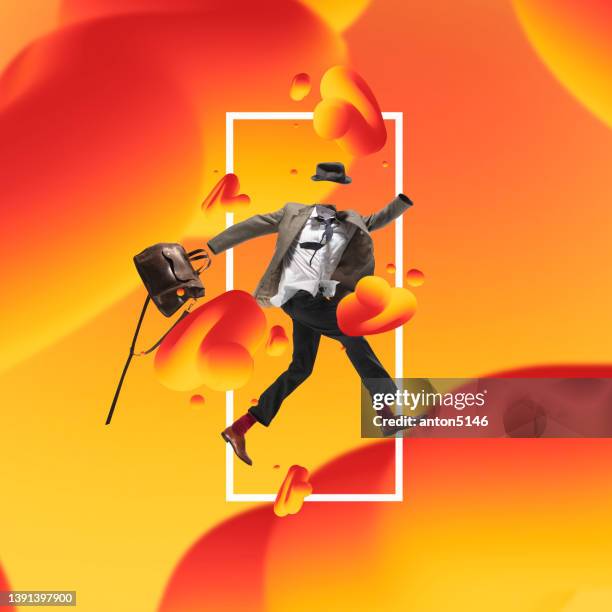 contemporary art collage. male silhouette wearing stylish business cloth, costume isolated over abstract red and yellow background - hip pop music stockfoto's en -beelden