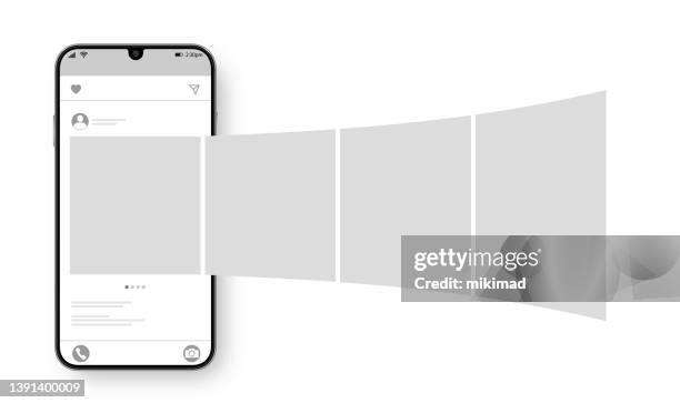 smartphone mit karussell-schnittstelle post auf sozialen netzwerk. social-media-design-konzept. vektor-illustration. - billboard stock-grafiken, -clipart, -cartoons und -symbole