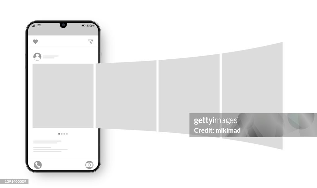 Smartphone with carousel interface post on social network. Social media design concept. Vector illustration.