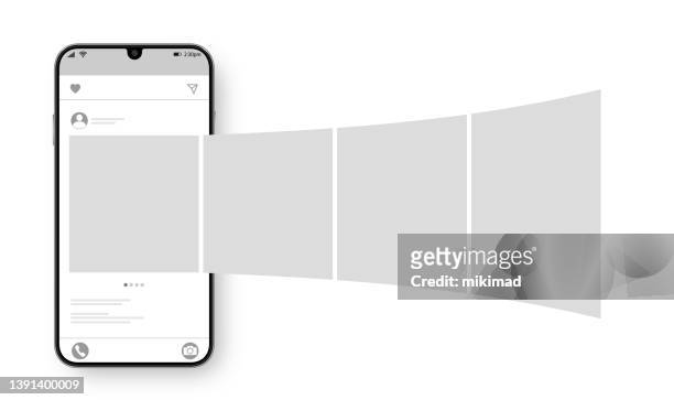 smartphone with carousel interface post on social network. social media design concept. vector illustration. - template stock illustrations