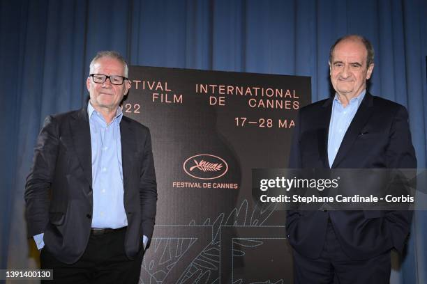 Thierry Frémaux and Pierre Lescure attend the 75th Cannes Film Festival Official Selection Presentation At UGC Normandie on April 14, 2022 in Paris,...