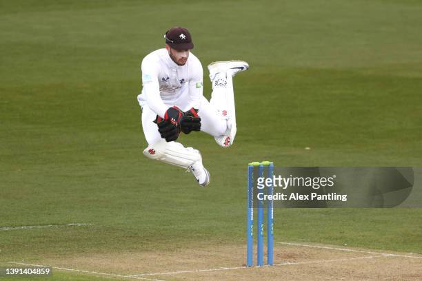 Ollie Robinson of Kent attempts a run out during the LV= Insurance County Championship match between Kent and Lancashire at The Spitfire Ground on...