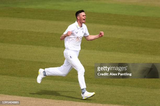 Nathan Gilchrist of Kent celebrates taking the wicket of Luke Wells of Lancashire during the LV= Insurance County Championship match between Kent and...