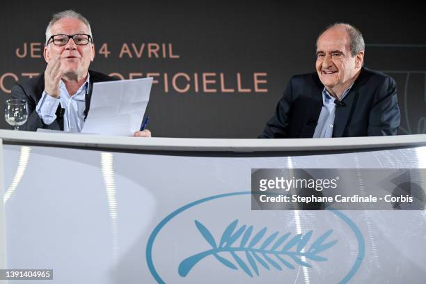 Thierry Frémaux and Pierre Lescure attend the 75th Cannes Film Festival Official Selection Presentation At UGC Normandie on April 14, 2022 in Paris,...