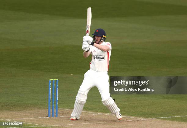 Luke Wells of Lancashire hits runs during the LV= Insurance County Championship match between Kent and Lancashire at The Spitfire Ground on April 14,...