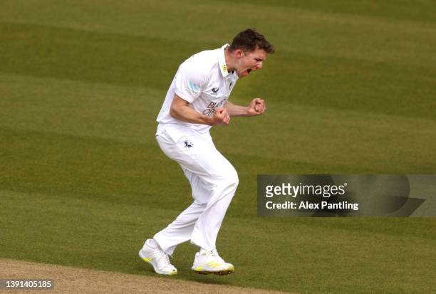 Matthew Milnes of Kent celebrates taking the wicket of Josh Bohannon of Lancashire during the LV= Insurance County Championship match between Kent...