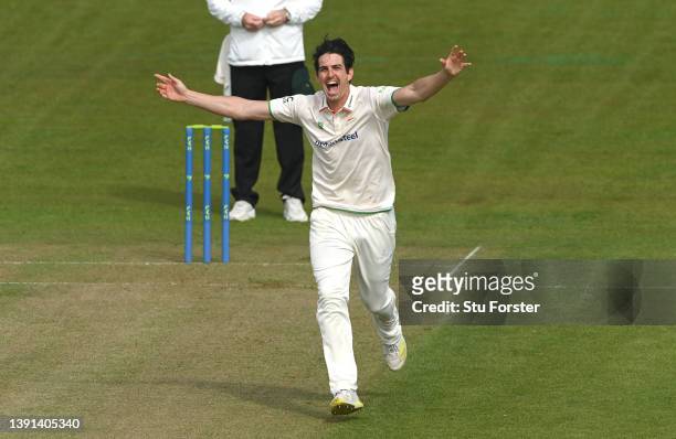 Leicestershire bowler Chris Wright celebrates after taking the wicket of Durham batsman Michael Jones during Day One of the LV= Insurance County...
