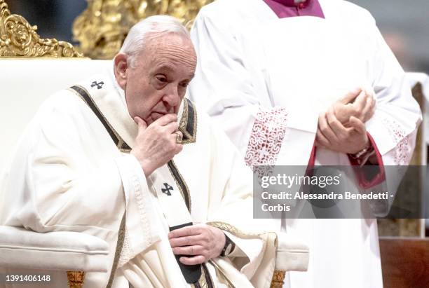 Pope Francis leads the Crism Mass at St. Peter's Basilica, on April 14, 2022 in Vatican City, Vatican. In his homily at the Chrism Mass on the...