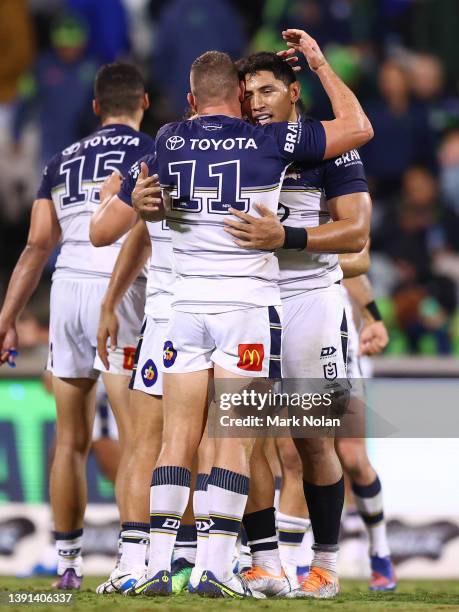 Cowboys players celebrate after winning the round six NRL match between the Canberra Raiders and the North Queensland Cowboys at GIO Stadium on April...