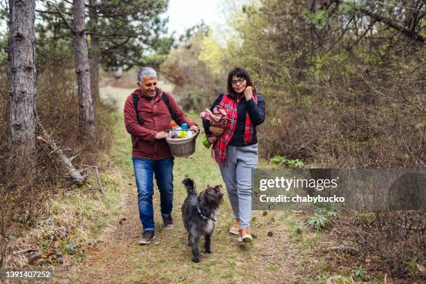 couple with dog walks in the woods - mature adult walking dog stock pictures, royalty-free photos & images