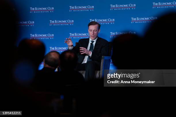 White House National Security Advisor Jake Sullivan is interviewed by Economic Club of Washington Chair David Rubenstein at the JW Marriott on April...