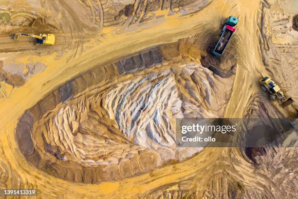 gravel and sand open pit mining, sand hills - aerial view - underjordsgruva bildbanksfoton och bilder