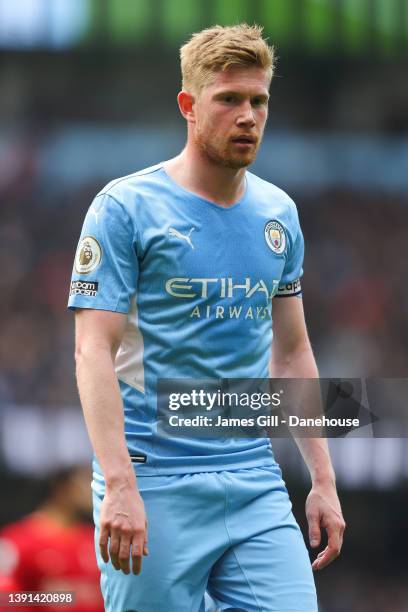 Kevin De Bruyne of Manchester City during the Premier League match between Manchester City and Liverpool at Etihad Stadium on April 10, 2022 in...