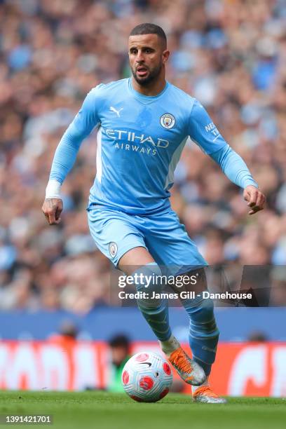 Kyle Walker of Manchester City during the Premier League match between Manchester City and Liverpool at Etihad Stadium on April 10, 2022 in...