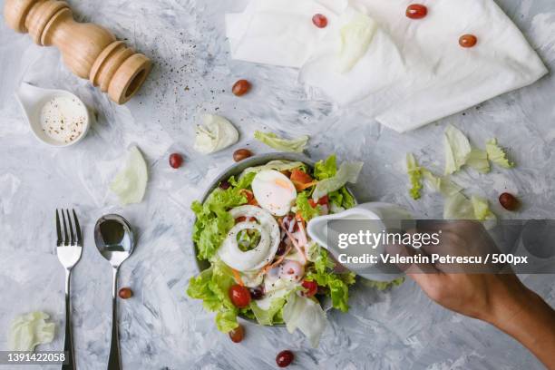 concept for a tasty and healthy vegetarian meal - salad dressing stock pictures, royalty-free photos & images