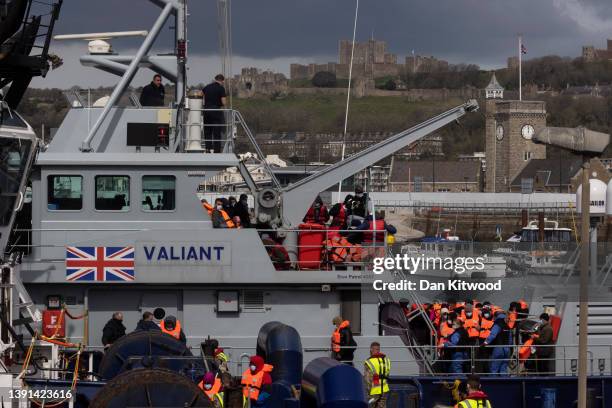 Migrants arrive at Dover port after being picked up in the channel by the border force on April 14, 2022 in Dover, England. The UK government...