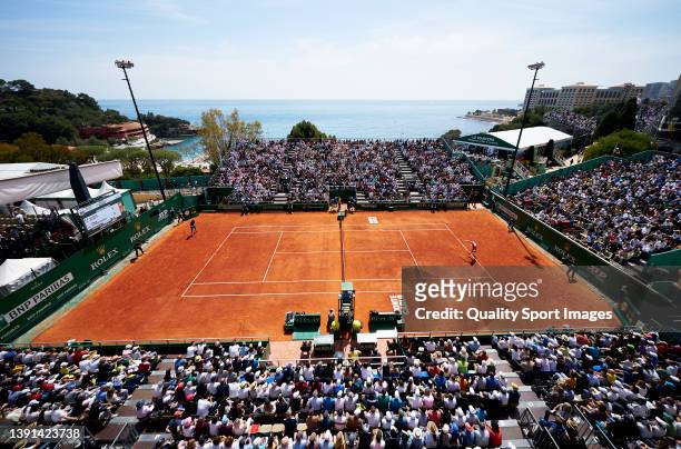 General view as Lorenzo Musetti of Italy plays Diego Schwartzman of Argentina during day five of the Rolex Monte-Carlo Masters at Monte-Carlo Country...
