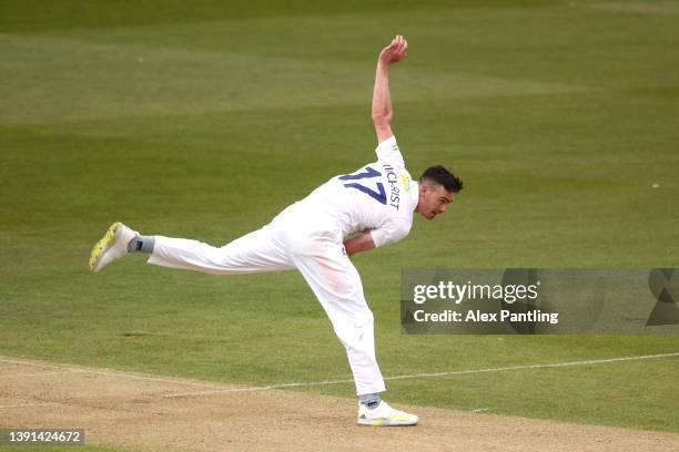 Nathan Gilchrist of Kent bowls during the LV= Insurance County Championship match between Kent and Lancashire at The Spitfire Ground on April 14,...