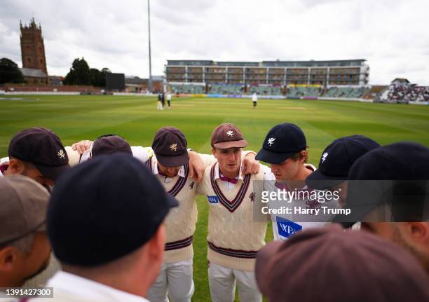 Tom Abell of Somerset speaks to their side in the huddle during Day One of the LV= Insurance County Championship match between Somerset and Essex at...