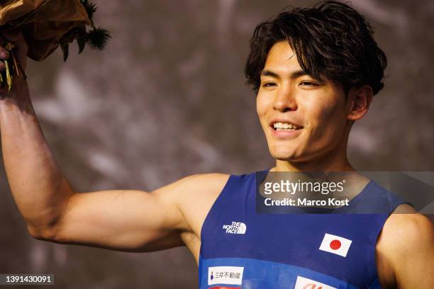 Tomoa Narasaki of Japan competes during the men's finals of the IFSC Climbing World Cup Meiringen 2022 on April 10, 2022 in Meiringen, Switzerland.