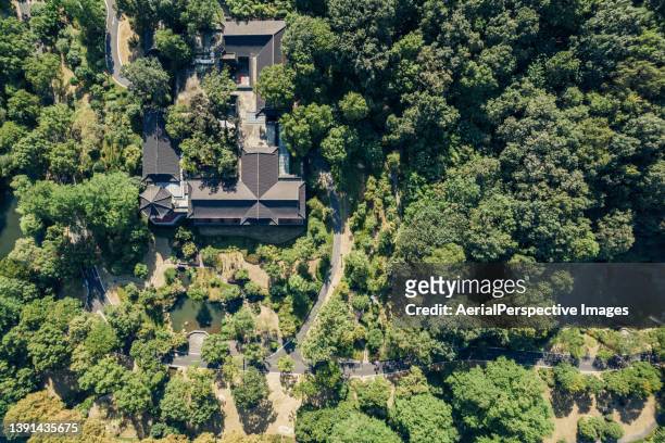 aerial view of villa in forest - private terrace balcony stock-fotos und bilder