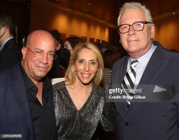 Jeff Zucker, Dana Bash and Book/Lyrics Bruce Sussman pose at the opening night of "Harmony: A New Musical" at The National Yiddish Theatre Folksbiene...