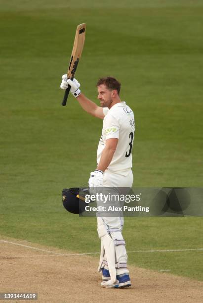 Dane Vilas of Lancashire celebrates making 100 during the LV= Insurance County Championship match between Kent and Lancashire at The Spitfire Ground...