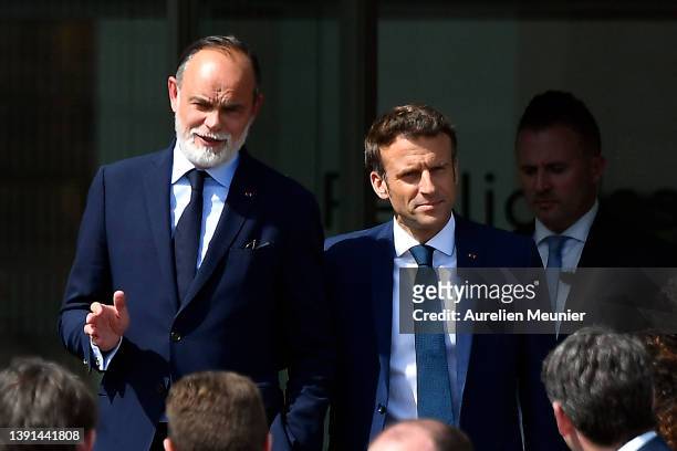 Le Havre Mayor and former French Prime Minister Edouard Philippe welcomes French President Emmanuel Macron on April 14, 2022 in Le Havre, France....