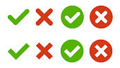 Green check mark, red cross mark icon set. Isolated on white background. Editable Stroke. Vector illustration
