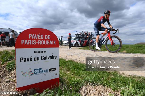 Dylan Van Baarle of Netherlands and Team INEOS Grenadiers train at Pave du Calvaire sector during the 119th Paris-Roubaix 2022 - Training /...