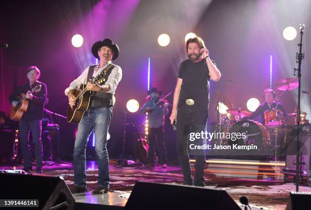 Kix Brooks and Ronnie Dunn of Brooks & Dunn perform during CMT Storytellers on March 15, 2022 in Spring Hill, Tennessee.